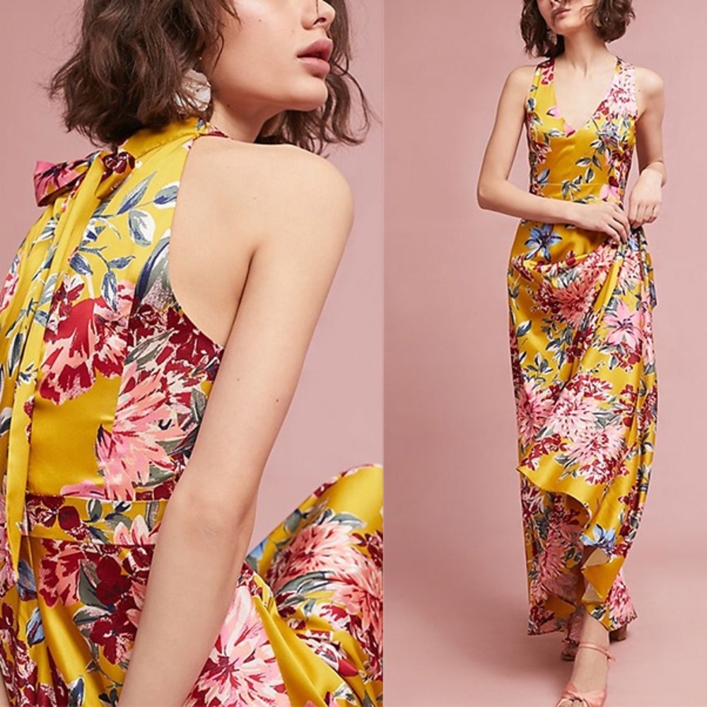 Nicole Miller yellow floral maxi dress w/ tie back